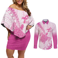 Breast Cancer Awareness Personalised Couples Matching Off Shoulder Short Dress and Long Sleeve Button Shirt Pink Ribbon Turtle Polynesian Pattern White