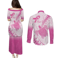 Breast Cancer Awareness Personalised Couples Matching Puletasi and Long Sleeve Button Shirt Pink Ribbon Turtle Polynesian Pattern White