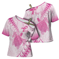 Breast Cancer Awareness Personalised Cross Shoulder Shirt Pink Ribbon Turtle Polynesian Pattern White