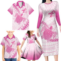Breast Cancer Awareness Personalised Family Matching Long Sleeve Bodycon Dress and Hawaiian Shirt Pink Ribbon Turtle Polynesian Pattern White LT22 - Polynesian Pride