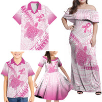 Breast Cancer Awareness Personalised Family Matching Off Shoulder Maxi Dress and Hawaiian Shirt Pink Ribbon Turtle Polynesian Pattern White LT22 - Polynesian Pride