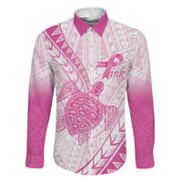 Breast Cancer Awareness Personalised Family Matching Summer Maxi Dress and Hawaiian Shirt Pink Ribbon Turtle Polynesian Pattern White LT22 Dad's Shirt - Long Sleeve Pink - Polynesian Pride