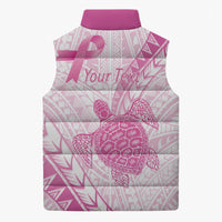 Breast Cancer Awareness Personalised Sleeveless Puffer Jacket Pink Ribbon Turtle Polynesian Pattern White