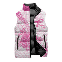 Breast Cancer Awareness Personalised Sleeveless Puffer Jacket Pink Ribbon Turtle Polynesian Pattern White