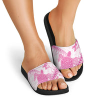 Breast Cancer Awareness Slide Sandals Pink Ribbon Turtle Polynesian Pattern White