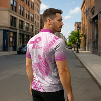Breast Cancer Awareness Personalised Zipper Polo Shirt Pink Ribbon Turtle Polynesian Pattern White