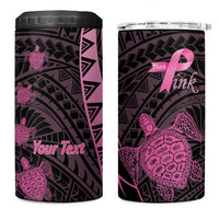 Breast Cancer Awareness Personalised 4 in 1 Can Cooler Tumbler Pink Ribbon Turtle Polynesian Pattern Black
