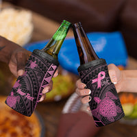 Breast Cancer Awareness Personalised 4 in 1 Can Cooler Tumbler Pink Ribbon Turtle Polynesian Pattern Black