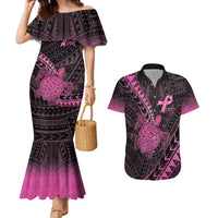 Breast Cancer Awareness Personalised Couples Matching Mermaid Dress and Hawaiian Shirt Pink Ribbon Turtle Polynesian Pattern Black