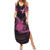 Breast Cancer Awareness Personalised Family Matching Summer Maxi Dress and Hawaiian Shirt Pink Ribbon Turtle Polynesian Pattern Black LT22 Mom's Dress Pink - Polynesian Pride