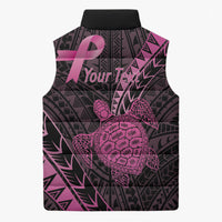 Breast Cancer Awareness Personalised Sleeveless Puffer Jacket Pink Ribbon Turtle Polynesian Pattern Black