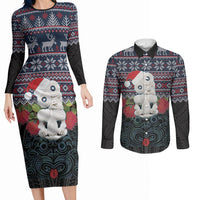 New Zealand Hei Tiki Christmas In July Couples Matching Long Sleeve Bodycon Dress and Long Sleeve Button Shirt Pohutukawa Santa Xmas Polynesian Pattern LT22 Black - Polynesian Pride