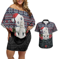New Zealand Hei Tiki Christmas In July Couples Matching Off Shoulder Short Dress and Hawaiian Shirt Pohutukawa Santa Xmas Polynesian Pattern LT22 Black - Polynesian Pride