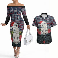 New Zealand Hei Tiki Christmas In July Couples Matching Off The Shoulder Long Sleeve Dress and Hawaiian Shirt Pohutukawa Santa Xmas Polynesian Pattern LT22 Black - Polynesian Pride