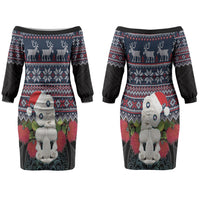 New Zealand Hei Tiki Christmas In July Couples Matching Off The Shoulder Long Sleeve Dress and Hawaiian Shirt Pohutukawa Santa Xmas Polynesian Pattern LT22 - Polynesian Pride