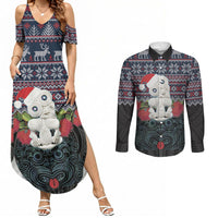 New Zealand Hei Tiki Christmas In July Couples Matching Summer Maxi Dress and Long Sleeve Button Shirt Pohutukawa Santa Xmas Polynesian Pattern LT22 Black - Polynesian Pride