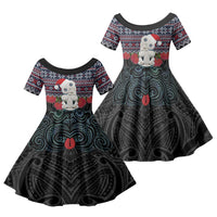New Zealand Hei Tiki Christmas In July Family Matching Long Sleeve Bodycon Dress and Hawaiian Shirt Pohutukawa Santa Xmas Polynesian Pattern LT22 Daughter's Dress Black - Polynesian Pride