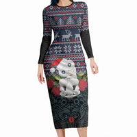 New Zealand Hei Tiki Christmas In July Long Sleeve Bodycon Dress Pohutukawa Santa Xmas Polynesian Pattern LT22 Long Dress Black - Polynesian Pride