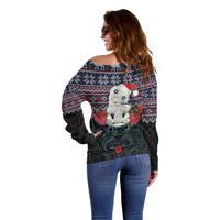 New Zealand Hei Tiki Christmas In July Off Shoulder Sweater Pohutukawa Santa Xmas Polynesian Pattern