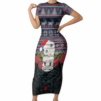 New Zealand Hei Tiki Christmas In July Short Sleeve Bodycon Dress Pohutukawa Santa Xmas Polynesian Pattern LT22 Long Dress Black - Polynesian Pride