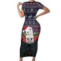 New Zealand Hei Tiki Christmas In July Short Sleeve Bodycon Dress Pohutukawa Santa Xmas Polynesian Pattern