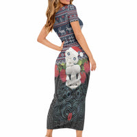 New Zealand Hei Tiki Christmas In July Short Sleeve Bodycon Dress Pohutukawa Santa Xmas Polynesian Pattern LT22 - Polynesian Pride