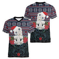 New Zealand Hei Tiki Christmas In July Women V-Neck T-Shirt Pohutukawa Santa Xmas Polynesian Pattern