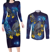 New Zealand Kokako Bird Couples Matching Long Sleeve Bodycon Dress and Long Sleeve Button Shirt Kowhai Galaxy Style Polynesian Pattern
