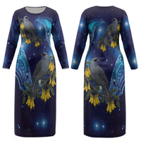 New Zealand Kokako Bird Couples Matching Long Sleeve Bodycon Dress and Long Sleeve Button Shirt Kowhai Galaxy Style Polynesian Pattern LT22 - Polynesian Pride