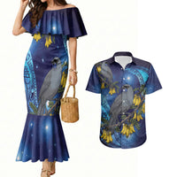 New Zealand Kokako Bird Couples Matching Mermaid Dress and Hawaiian Shirt Kowhai Galaxy Style Polynesian Pattern LT22 Blue - Polynesian Pride