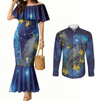 New Zealand Kokako Bird Couples Matching Mermaid Dress and Long Sleeve Button Shirt Kowhai Galaxy Style Polynesian Pattern LT22 Blue - Polynesian Pride
