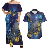 New Zealand Kokako Bird Couples Matching Off Shoulder Maxi Dress and Hawaiian Shirt Kowhai Galaxy Style Polynesian Pattern LT22 Blue - Polynesian Pride