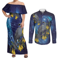 New Zealand Kokako Bird Couples Matching Off Shoulder Maxi Dress and Long Sleeve Button Shirt Kowhai Galaxy Style Polynesian Pattern LT22 Blue - Polynesian Pride