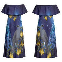 New Zealand Kokako Bird Couples Matching Off Shoulder Maxi Dress and Long Sleeve Button Shirt Kowhai Galaxy Style Polynesian Pattern LT22 - Polynesian Pride