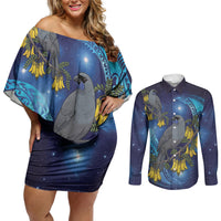 New Zealand Kokako Bird Couples Matching Off Shoulder Short Dress and Long Sleeve Button Shirt Kowhai Galaxy Style Polynesian Pattern LT22 Blue - Polynesian Pride