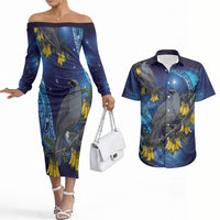 New Zealand Kokako Bird Couples Matching Off The Shoulder Long Sleeve Dress and Hawaiian Shirt Kowhai Galaxy Style Polynesian Pattern LT22 Blue - Polynesian Pride