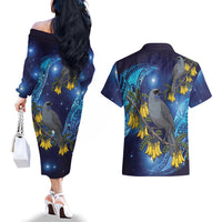 New Zealand Kokako Bird Couples Matching Off The Shoulder Long Sleeve Dress and Hawaiian Shirt Kowhai Galaxy Style Polynesian Pattern