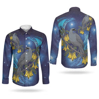 New Zealand Kokako Bird Couples Matching Off The Shoulder Long Sleeve Dress and Long Sleeve Button Shirt Kowhai Galaxy Style Polynesian Pattern LT22 - Polynesian Pride