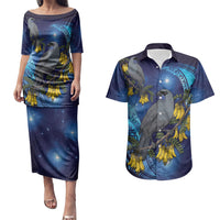New Zealand Kokako Bird Couples Matching Puletasi and Hawaiian Shirt Kowhai Galaxy Style Polynesian Pattern LT22 Blue - Polynesian Pride