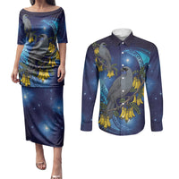New Zealand Kokako Bird Couples Matching Puletasi and Long Sleeve Button Shirt Kowhai Galaxy Style Polynesian Pattern LT22 Blue - Polynesian Pride