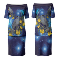 New Zealand Kokako Bird Couples Matching Puletasi and Long Sleeve Button Shirt Kowhai Galaxy Style Polynesian Pattern LT22 - Polynesian Pride