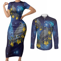 New Zealand Kokako Bird Couples Matching Short Sleeve Bodycon Dress and Long Sleeve Button Shirt Kowhai Galaxy Style Polynesian Pattern LT22 Blue - Polynesian Pride