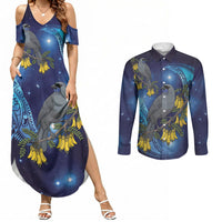 New Zealand Kokako Bird Couples Matching Summer Maxi Dress and Long Sleeve Button Shirt Kowhai Galaxy Style Polynesian Pattern LT22 Blue - Polynesian Pride