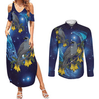 New Zealand Kokako Bird Couples Matching Summer Maxi Dress and Long Sleeve Button Shirt Kowhai Galaxy Style Polynesian Pattern