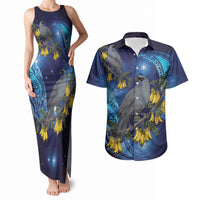 New Zealand Kokako Bird Couples Matching Tank Maxi Dress and Hawaiian Shirt Kowhai Galaxy Style Polynesian Pattern LT22 Blue - Polynesian Pride