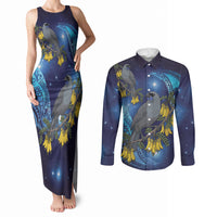 New Zealand Kokako Bird Couples Matching Tank Maxi Dress and Long Sleeve Button Shirt Kowhai Galaxy Style Polynesian Pattern LT22 Blue - Polynesian Pride