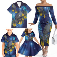 New Zealand Kokako Bird Family Matching Off The Shoulder Long Sleeve Dress and Hawaiian Shirt Kowhai Galaxy Style Polynesian Pattern LT22 - Polynesian Pride