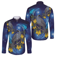 New Zealand Kokako Bird Family Matching Off The Shoulder Long Sleeve Dress and Hawaiian Shirt Kowhai Galaxy Style Polynesian Pattern LT22 Dad's Shirt - Long Sleeve Blue - Polynesian Pride