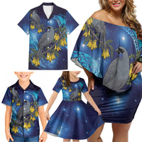 New Zealand Kokako Bird Family Matching Off Shoulder Short Dress and Hawaiian Shirt Kowhai Galaxy Style Polynesian Pattern LT22 - Polynesian Pride