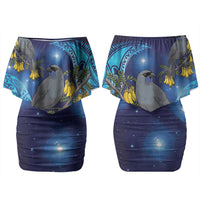 New Zealand Kokako Bird Family Matching Off Shoulder Short Dress and Hawaiian Shirt Kowhai Galaxy Style Polynesian Pattern LT22 Mom's Dress Blue - Polynesian Pride